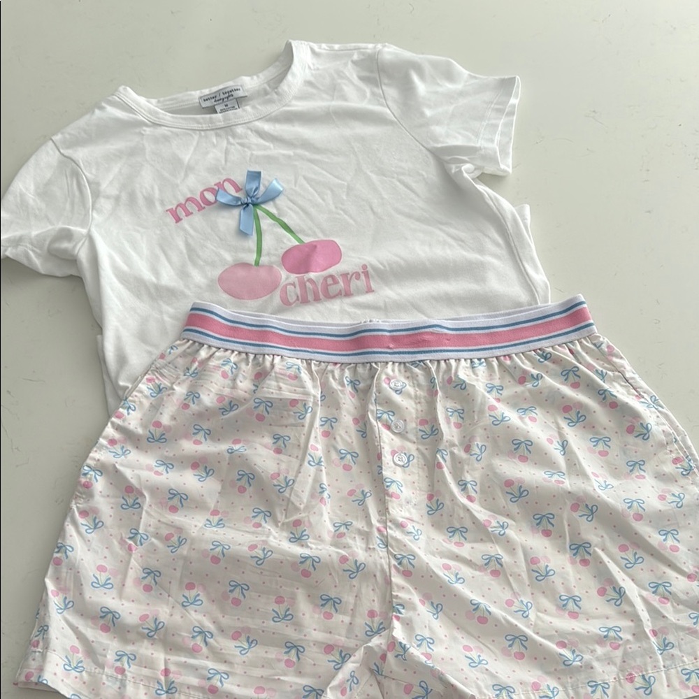 White and Pink Mon Cheri Pajama Set, Soft Cotton Blend